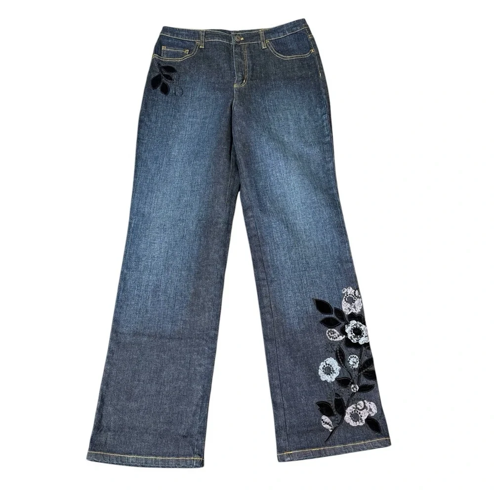 NWOT Talbots Wide Leg Jeans Moonlit Wash Sz 8  Floral Velvet Pant Stretch Casual